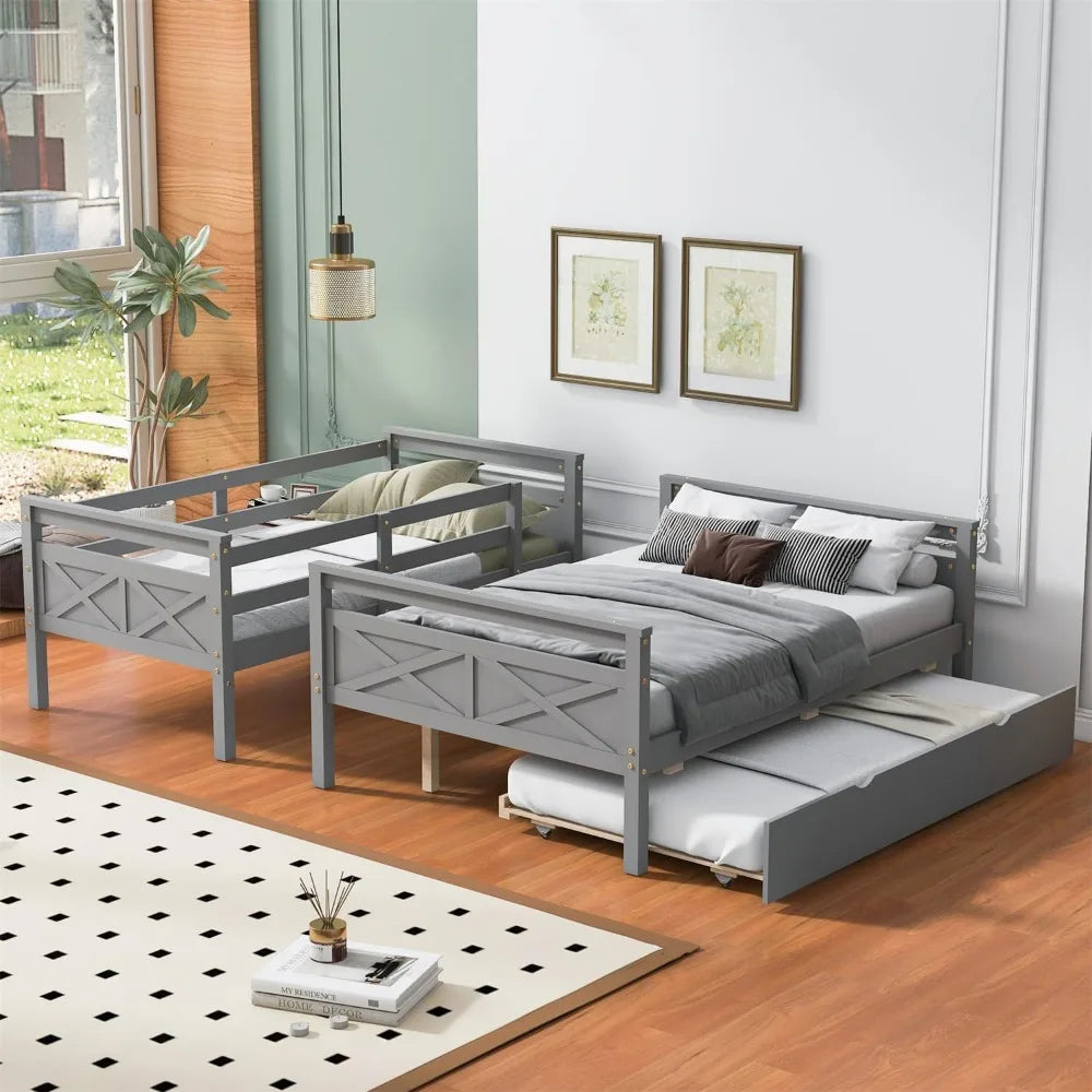 Merax Trundle Bunk Bed Twin Over Full Wood Frame Guardrail
