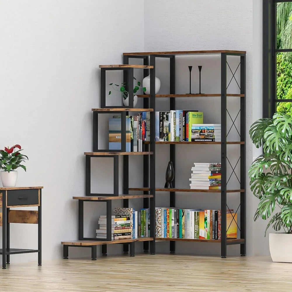 Large Corner Shelf Bookcase Industrial Reversible 5 Tier