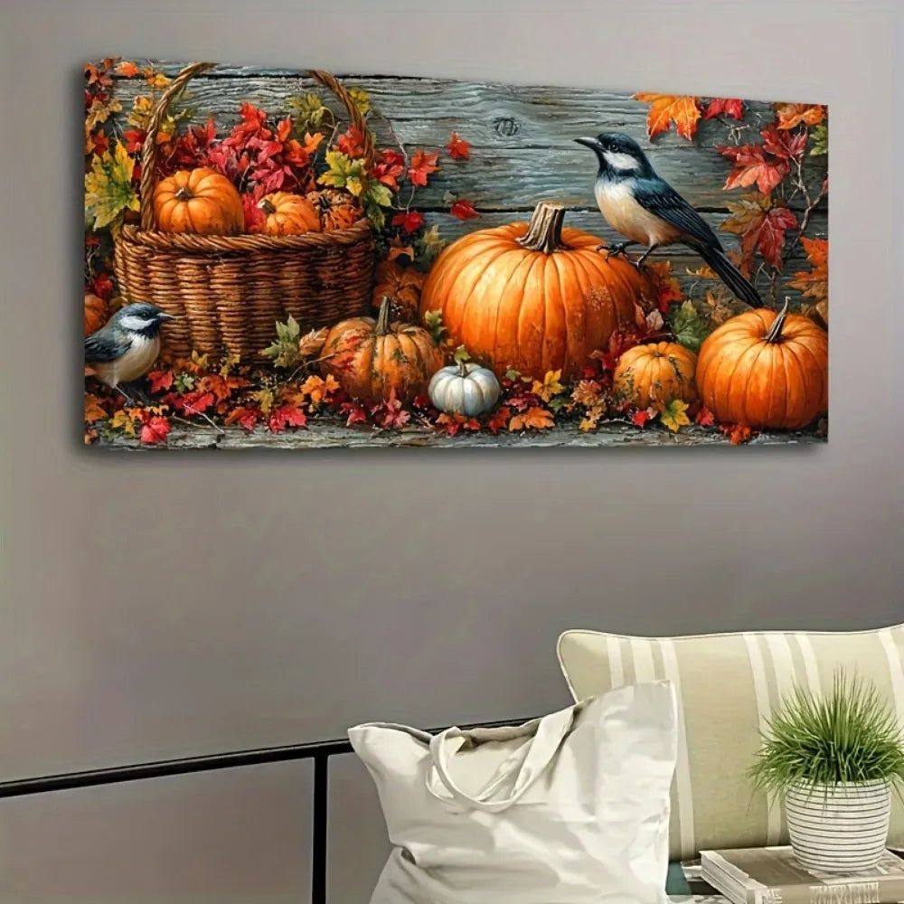 Fall Pumpkin Canvas Wall Art With 1.5 Inch Pine Wood Frame