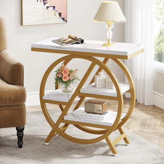 3 Tier Faux Marble End Table With Storage For Living Room