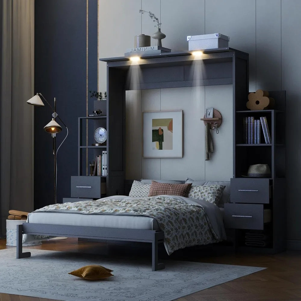 Queen Size Murphy Bed With LED Shelves And Drawers Gray