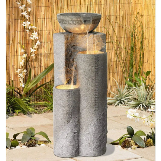 Zen Outdoor Floor Water Fountain Pillar Bowl LED Light