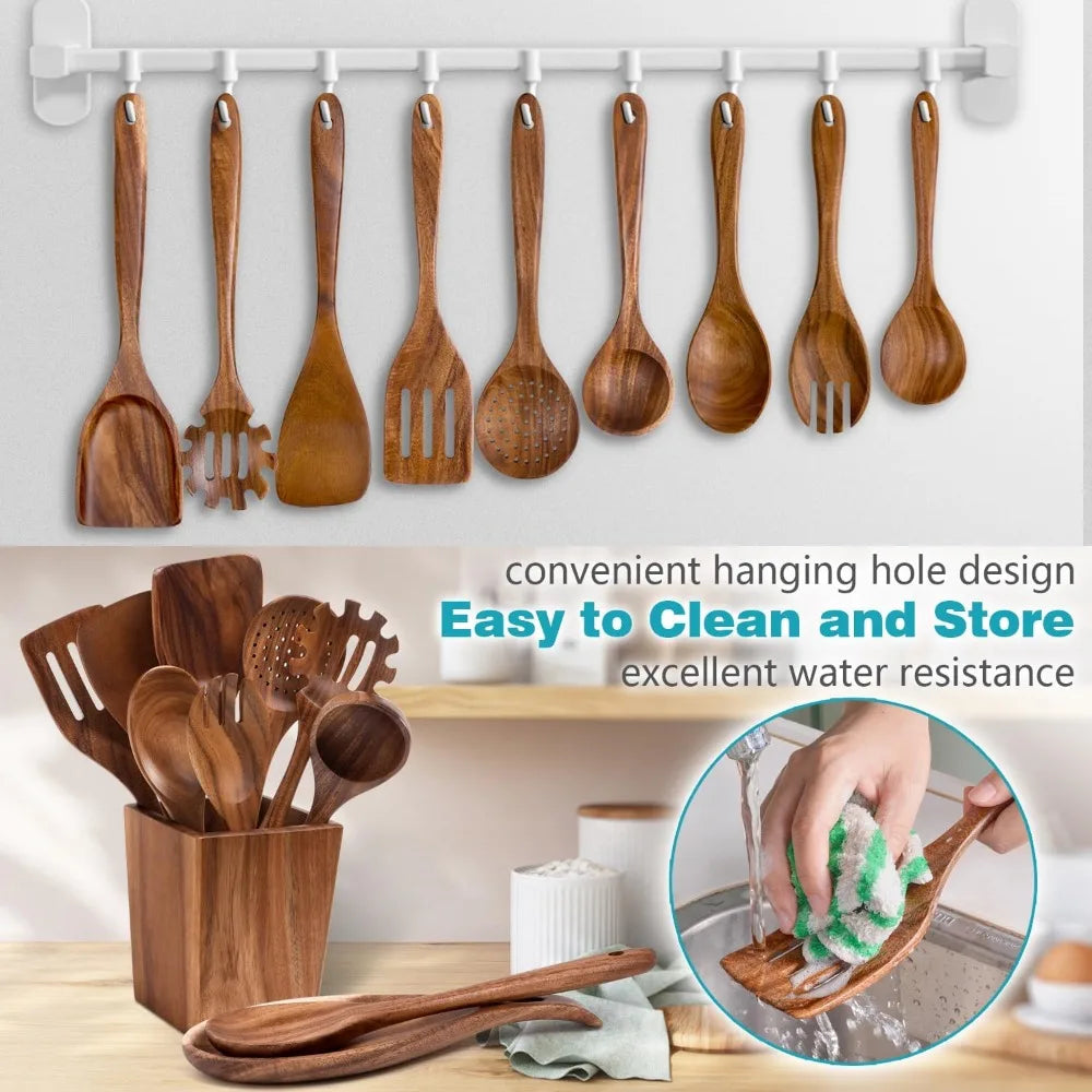 Acacia Wood Utensils Set 11 Piece Tools Holder Spoon Rest