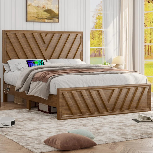 Full Bed With Adjustable Headboard Farmhouse Platform Bed LED Light