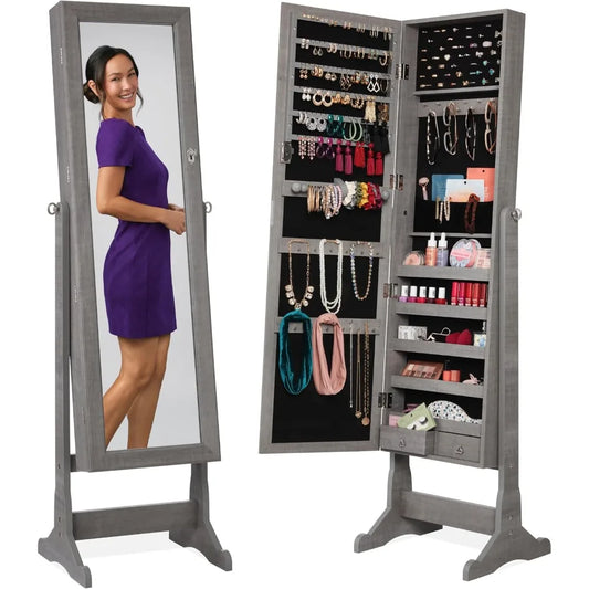 Gray Oak Jewelry Armoire With Full Length Mirror Lockable