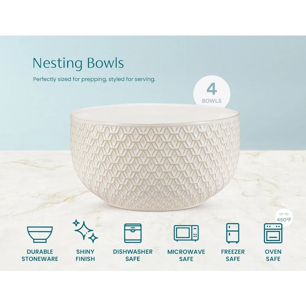 Ceramic Mixing Bowls Nesting Set of 4 Embossed Dishware
