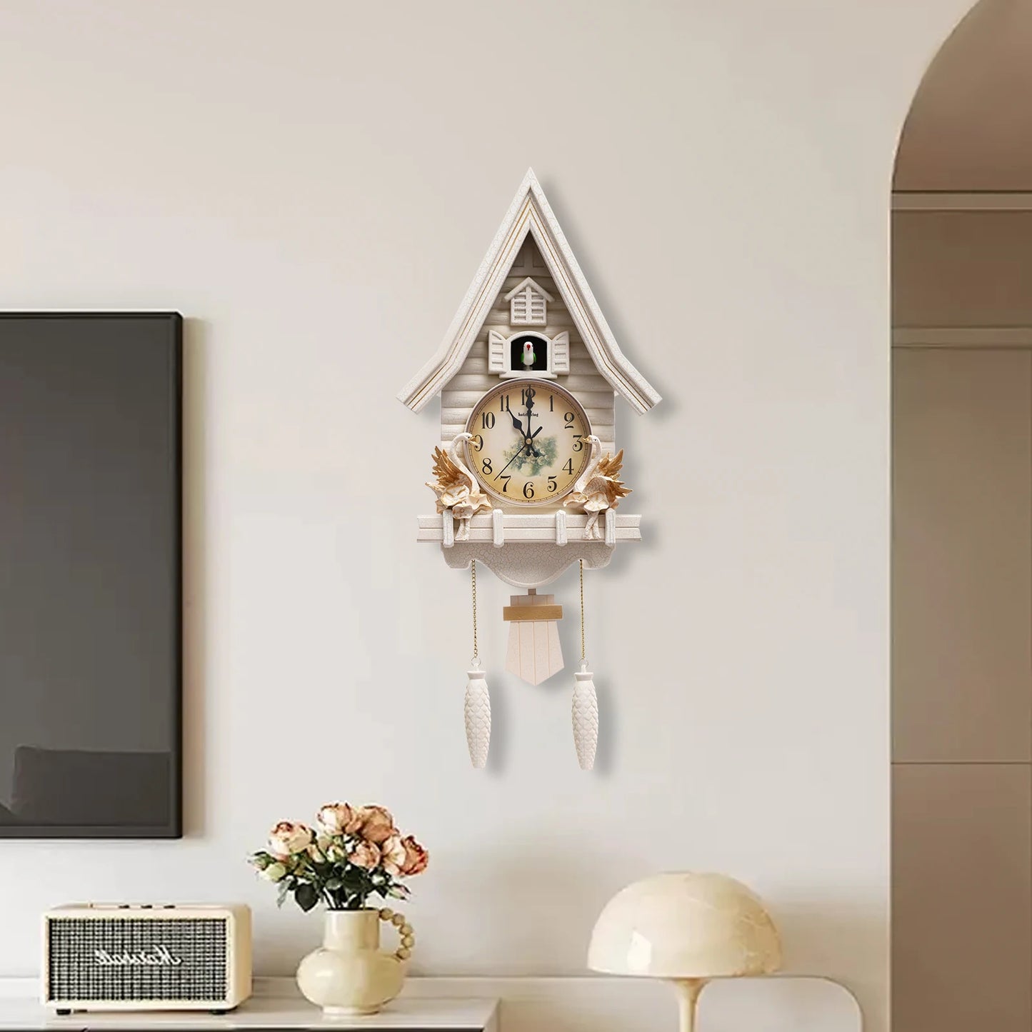 White Cuckoo Wall Clock Antique Battery Operated Creative