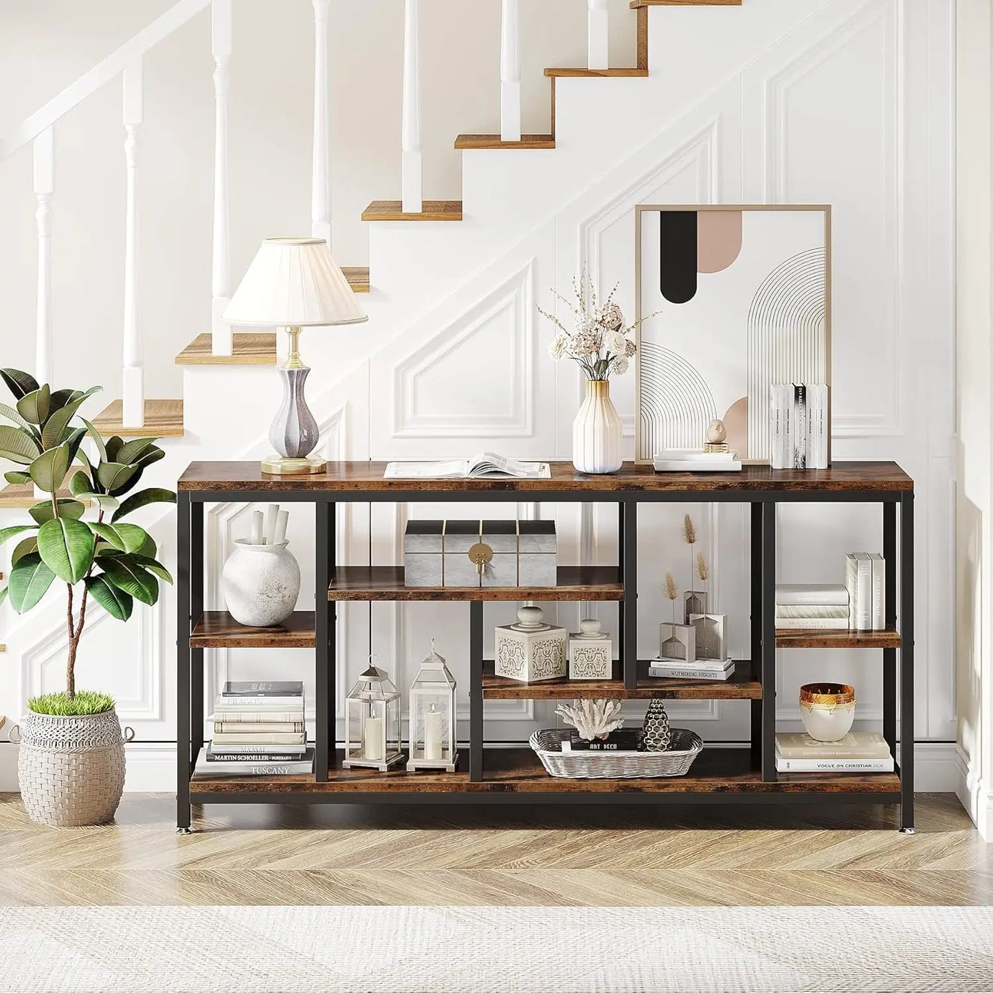 Console Sofa Table 70.9 Inch Long 3 Tier Industrial Brown