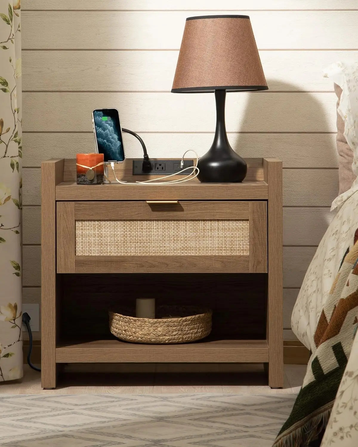 Vine Bedside Table With Type C Charging Station And Drawers