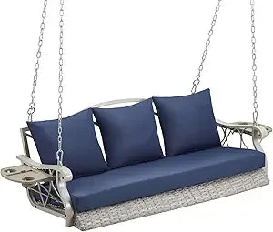 Heavy Duty 900 Pounds Rattan Porch Swing Chair for Three