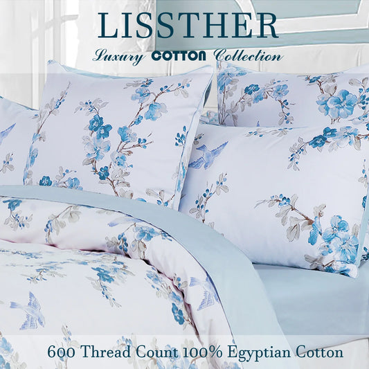 600TC Egyptian Cotton Duvet Cover Set in Blue Floral