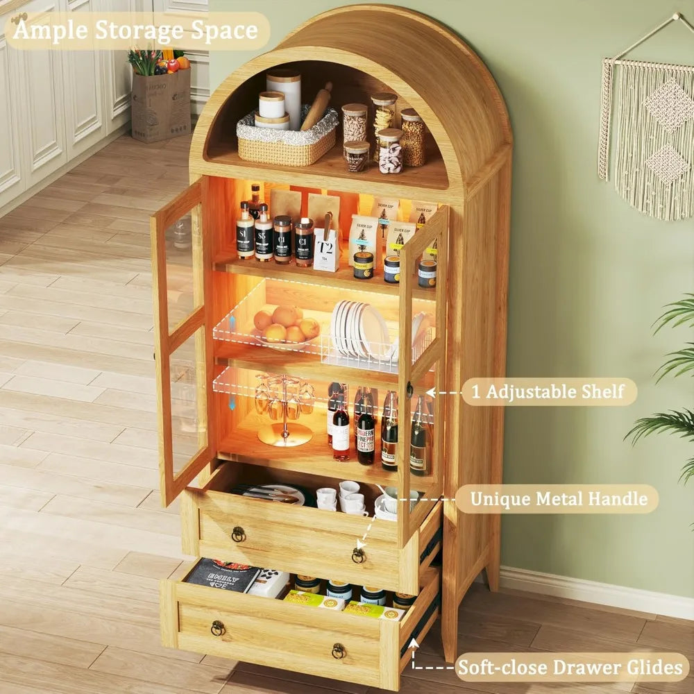 71 Inch Tall Pantry Cabinet With LED Lights Arched Design