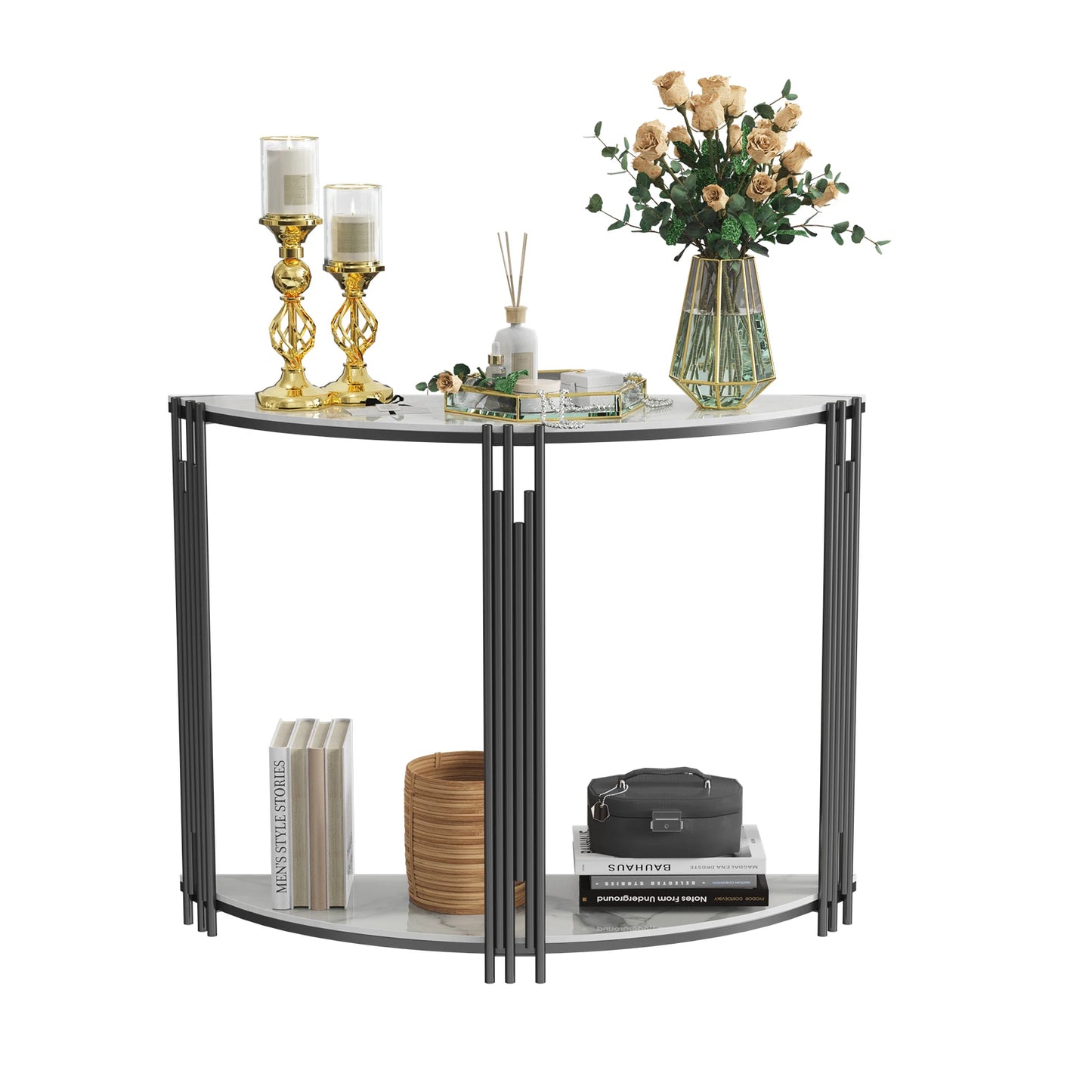 Half Moon Tiered Real Marble Entry Console Table For Hallway