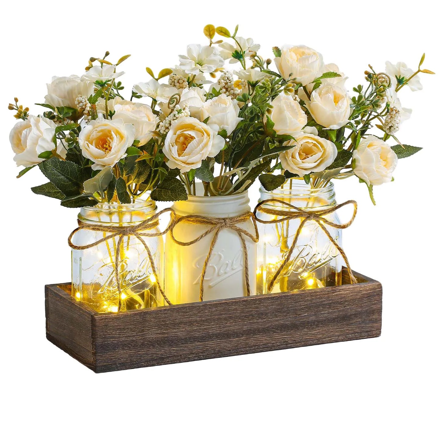 LED Silk Flowers In Wooden Box Vase For Home Office Decor