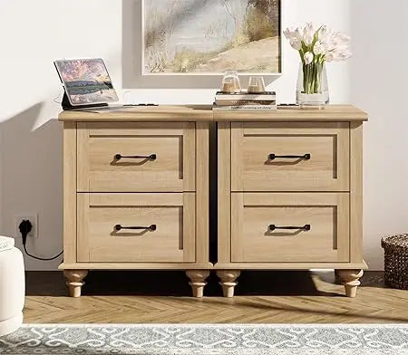 Beige Nightstands Set Of 2 With Charging Station Drawers