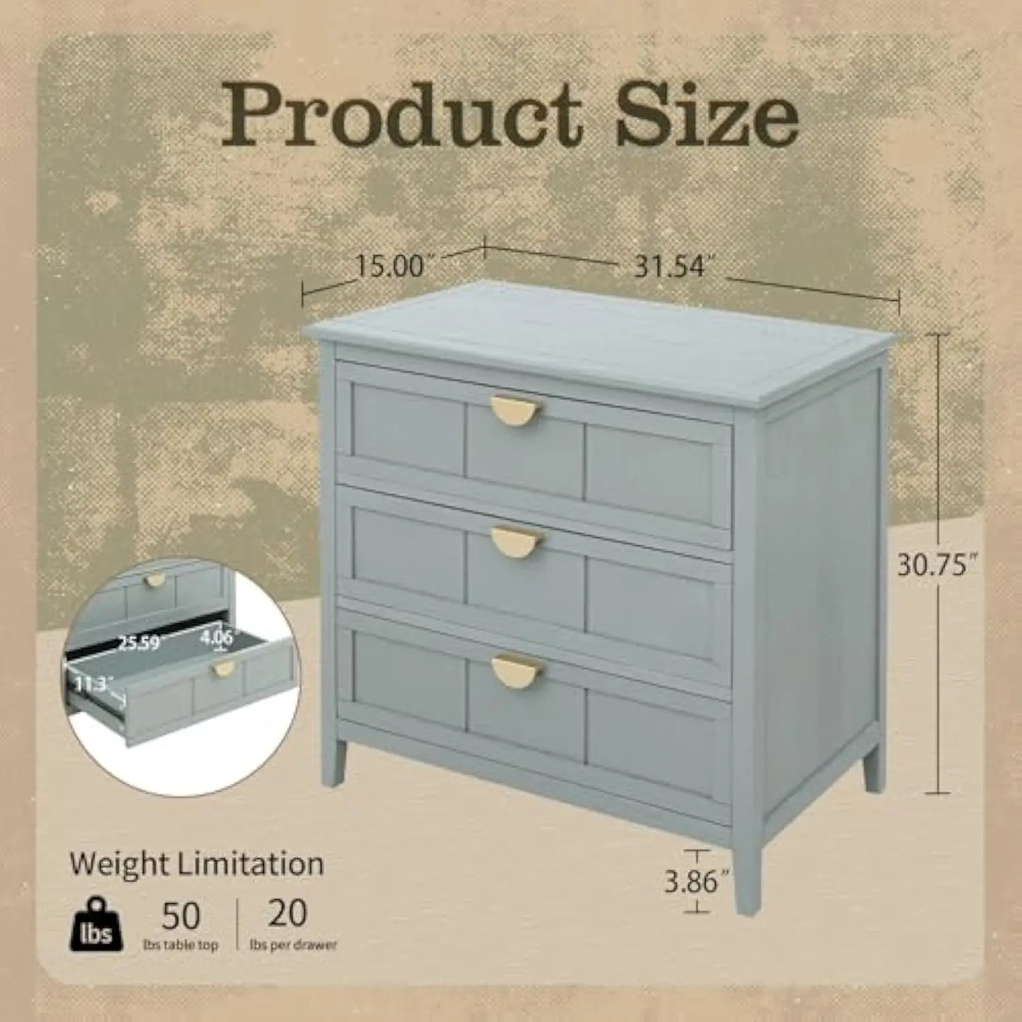 Three Drawer Dresser Bedroom Modern Wood Chest of Drawers