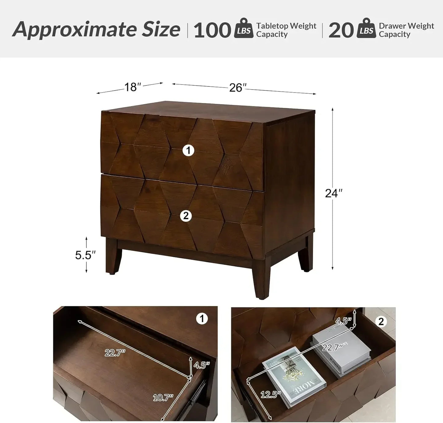 Wood Nightstand Set of Two With Charging Station and Dresser