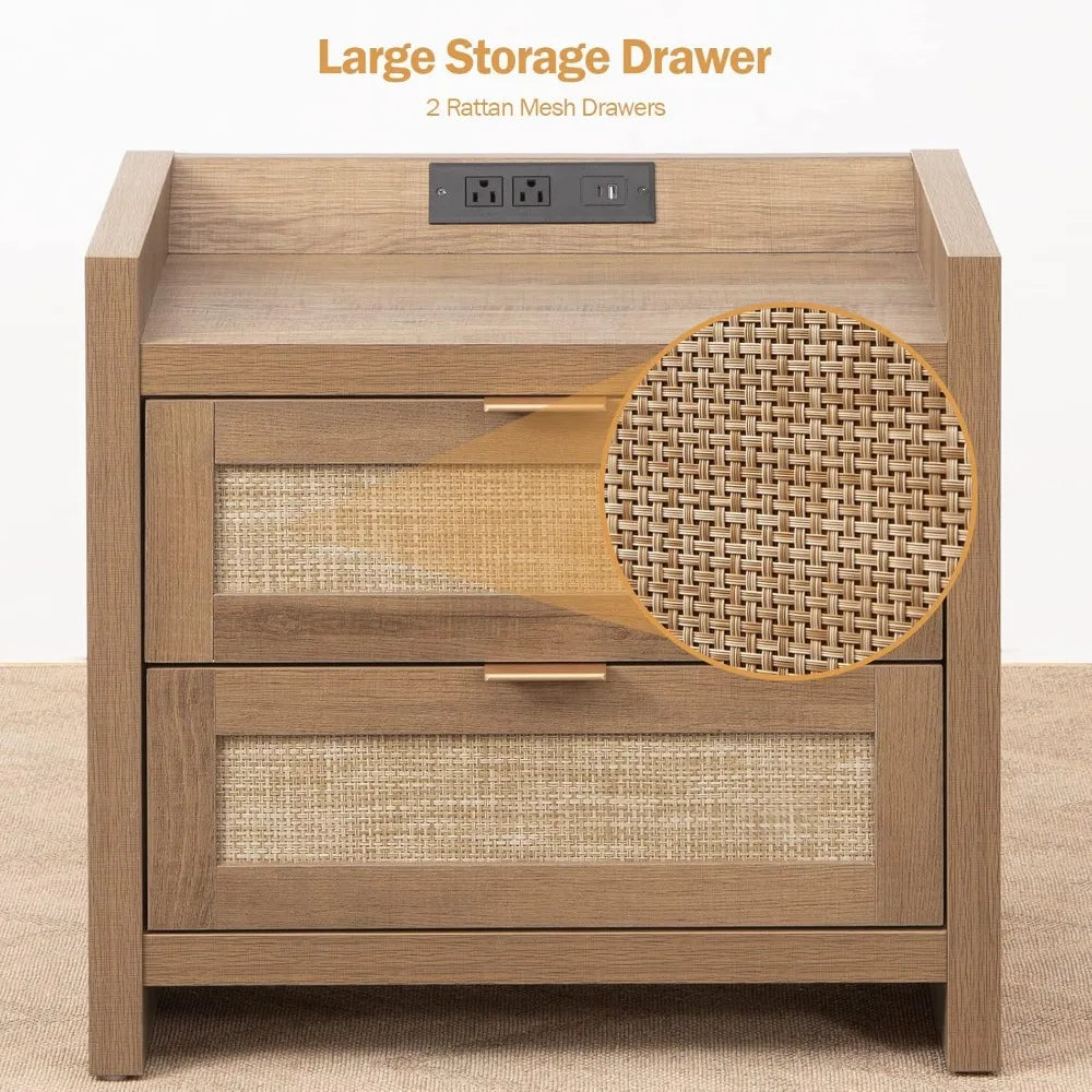 Vine Bedside Table With Type C Charging Station And Drawers