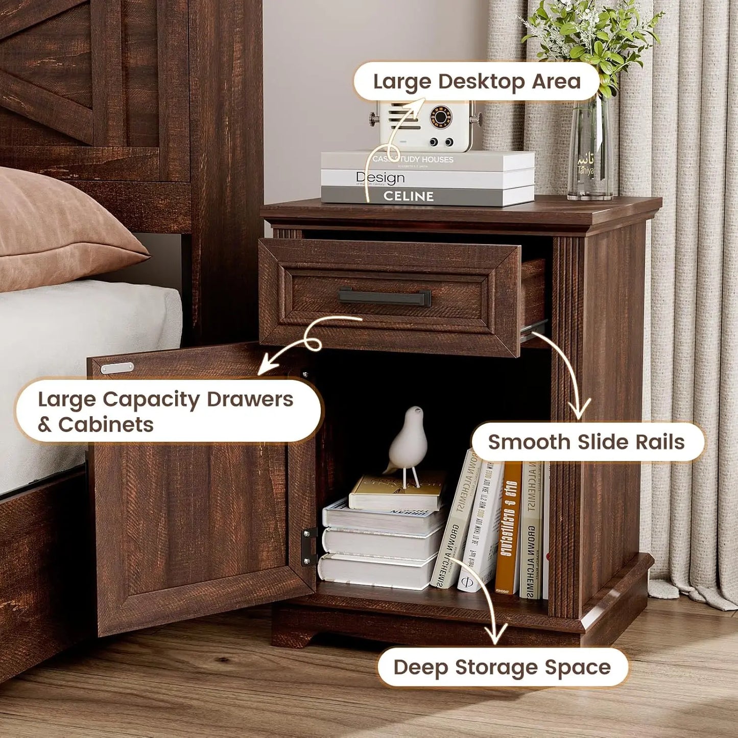 Wooden Nightstand Set of 2 With Large Storage Drawers