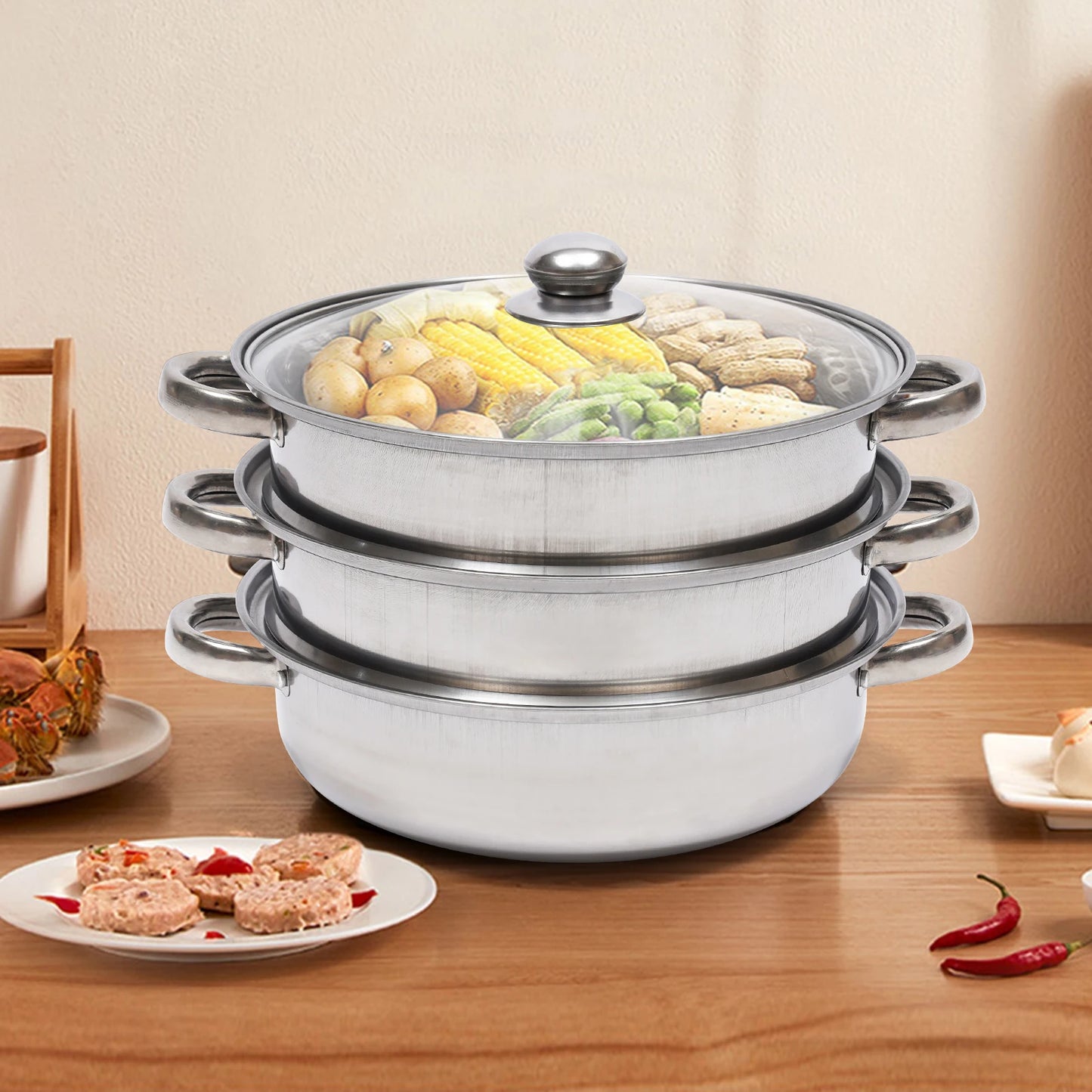28CM Stainless Steel Multifunction 3 Tier Steam Cooker
