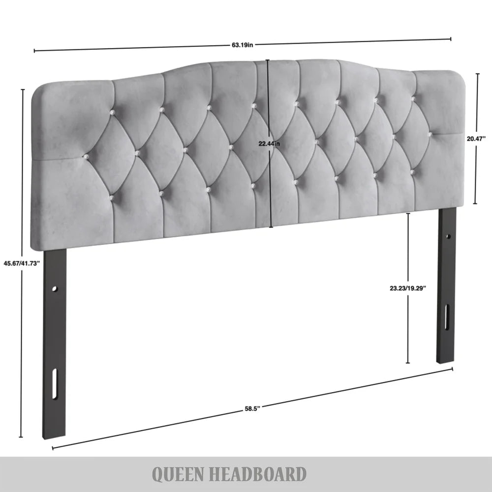Upholstered Tufted Headboard Silver Velvet Queen Size