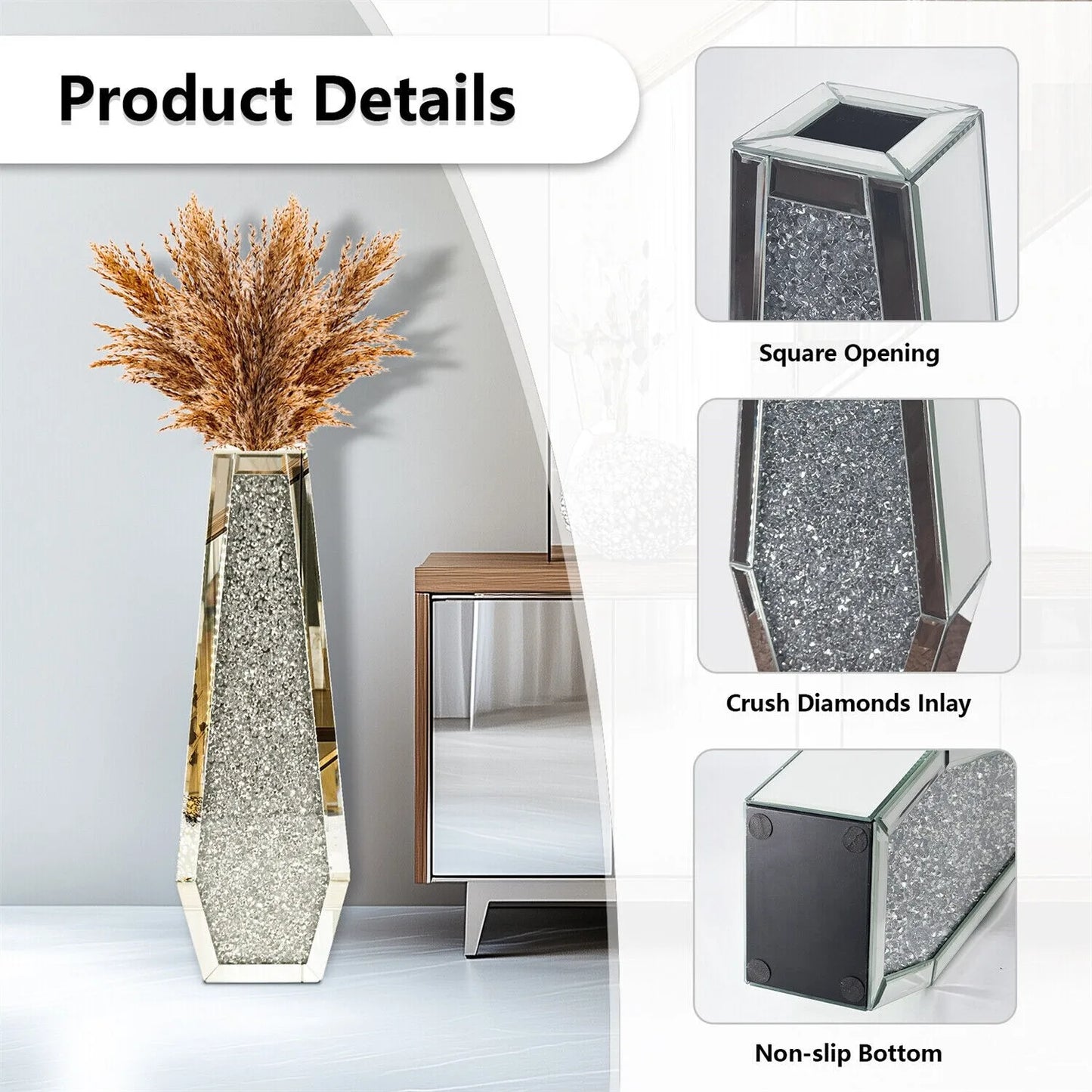 Luxury Tall Floor Vase Crushed Diamond Mirrored Glass