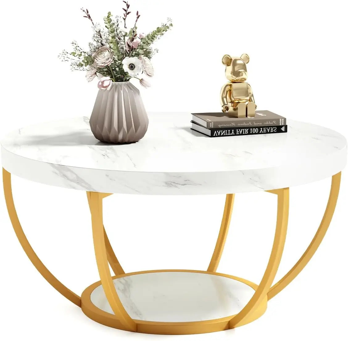 32 Inch Circle Marble Coffee Table Two Tier Gold Metal Legs