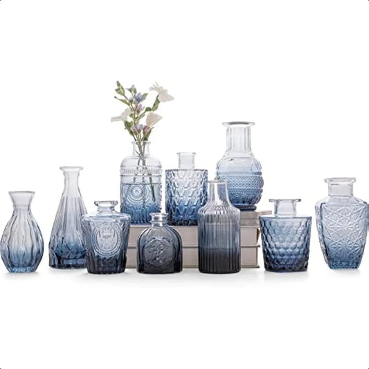 Blue Glass Bud Vases Set of 10 for Flowers Centerpieces