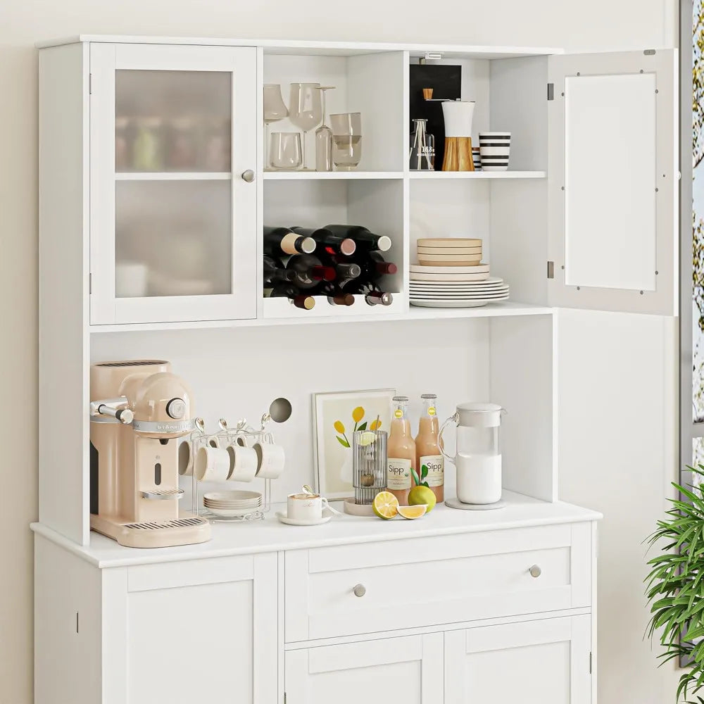 Tall Kitchen Pantry Cabinet with Microwave Stand and Wine Rack