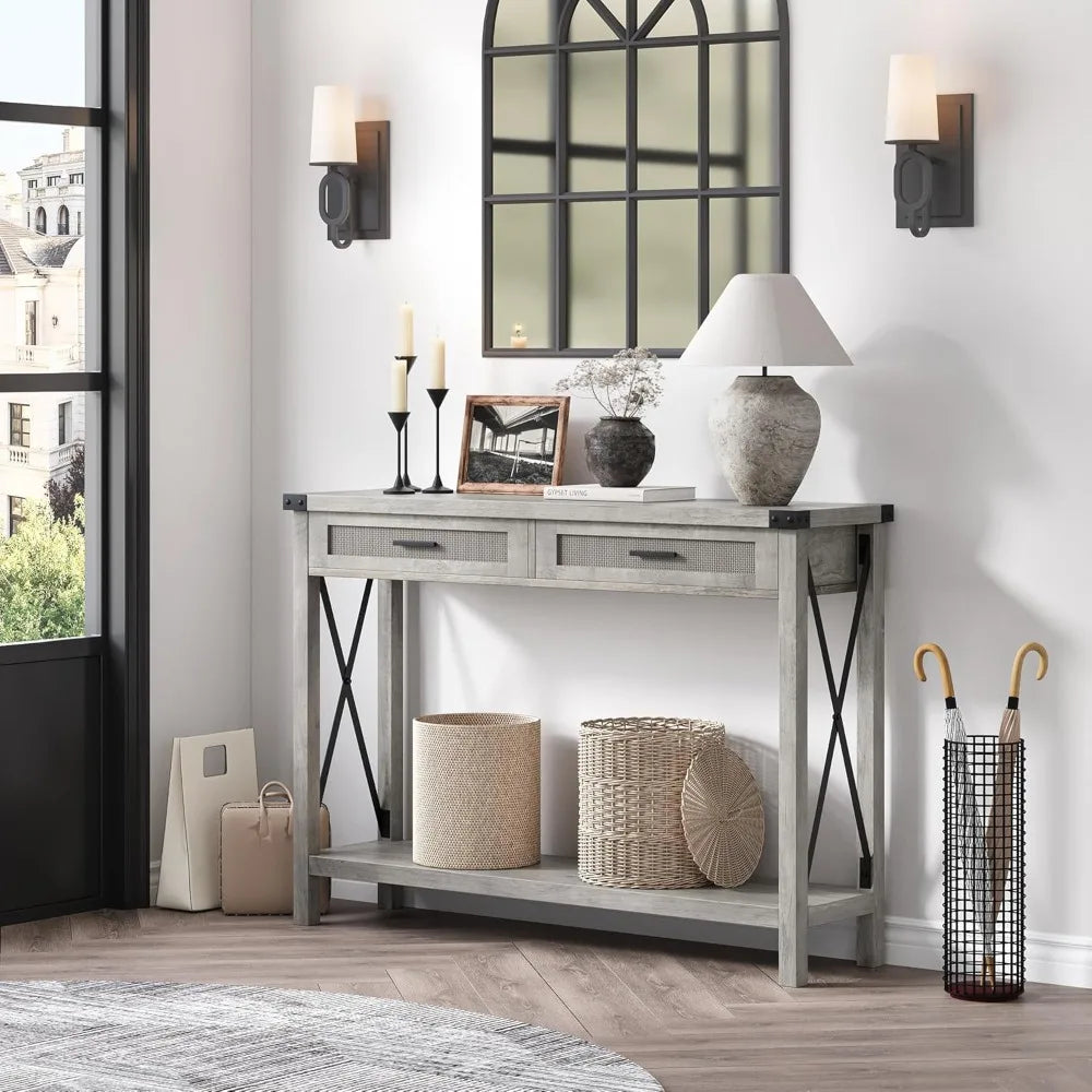 Farmhouse Entryway Console Table With Rattan Drawers 43 Inch