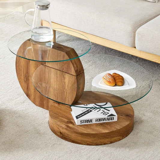 Round Glass Coffee Table Wooden Base Mid Century Modern