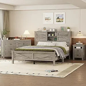 Farmhouse 3 Piece Queen Platform Bed Sliding Door Storage