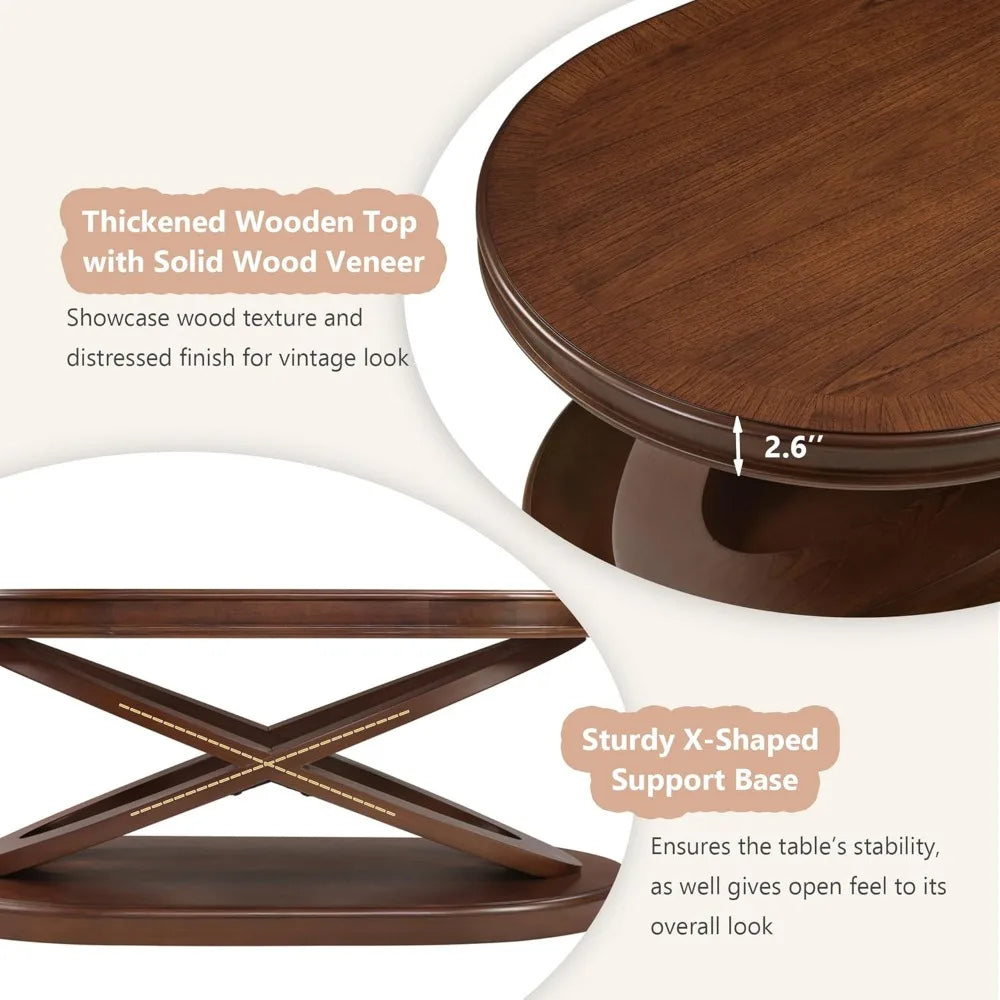 Vintage Walnut Oval Coffee Table 44 Inch Wood Center Table