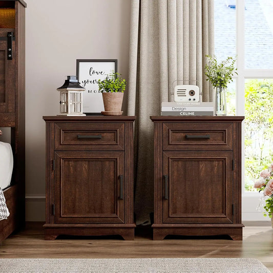 Wooden Nightstand Set of 2 With Large Storage Drawers