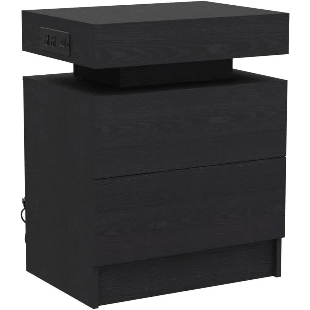 Modern Black Nightstand With Charging Station And Drawers