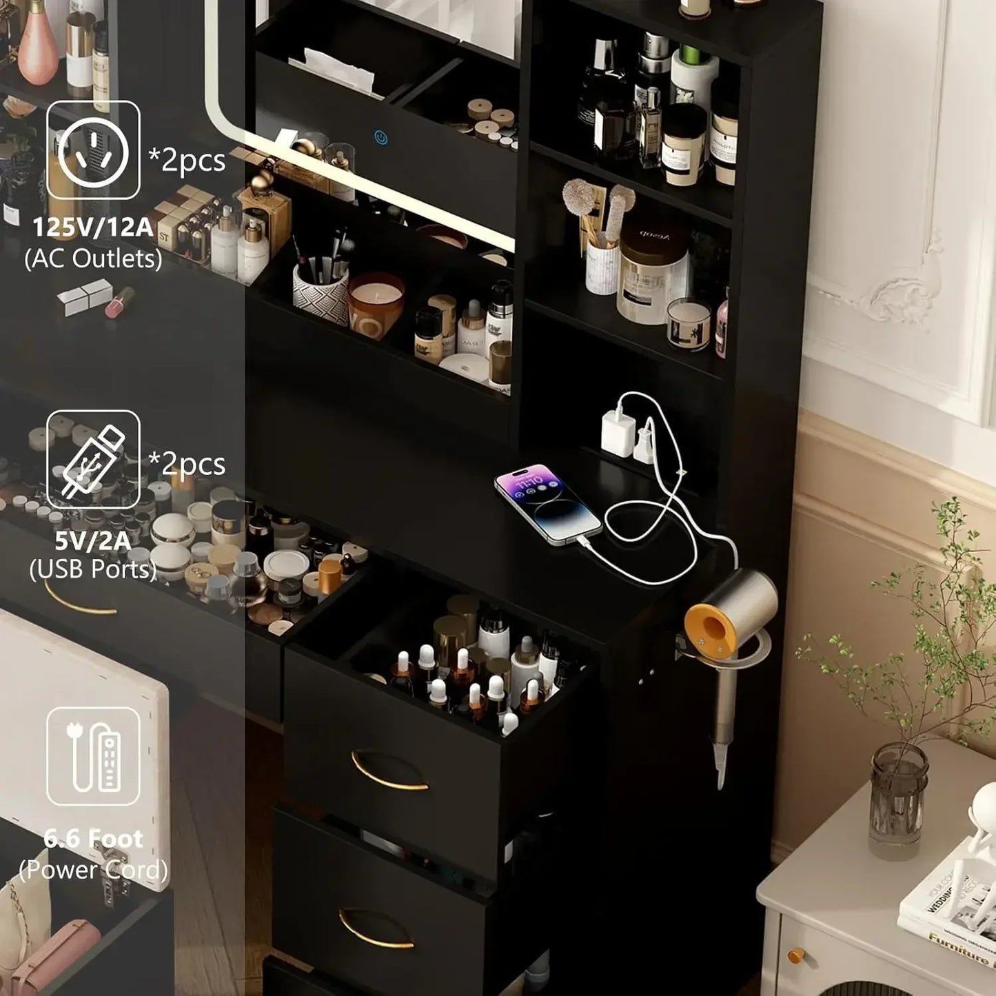 47 Inch Vanity Desk With Mirror And LED Lights 3 Modes Black