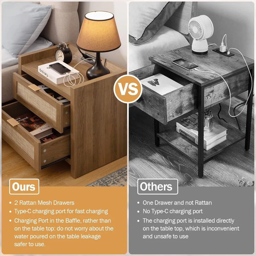 Vine Bedside Table With Type C Charging Station And Drawers
