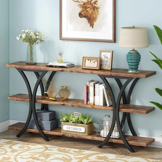 70.8 Inch Narrow Console Table With 3 Tier Storage Brown
