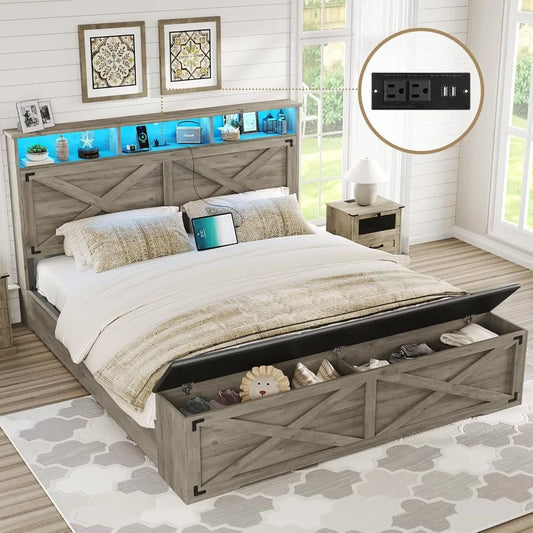 Dictac Farmhouse Bed Frame With Headboard USB Charging