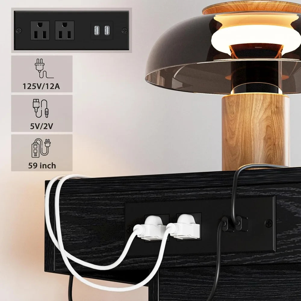 Modern Black Nightstand With Charging Station And Drawers