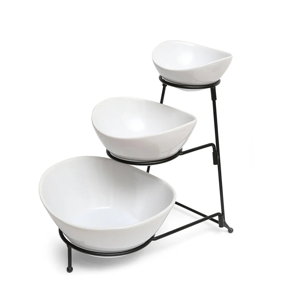 3 Tier Oval Porcelain Serving Bowls Set With Metal Rack