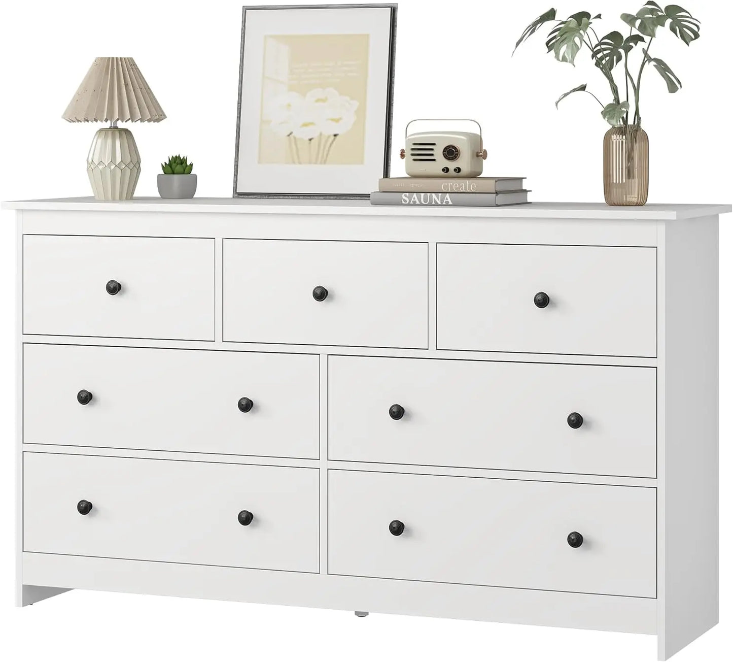 7 Drawer White Wooden Dresser 55 Inch Golden Handles Modern