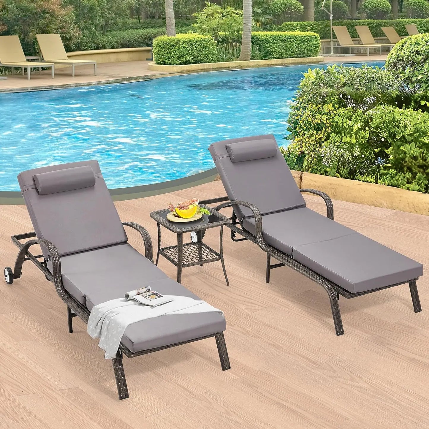 Wicker Chaise Lounge Chairs Set Of 2 With Side Table Wheels