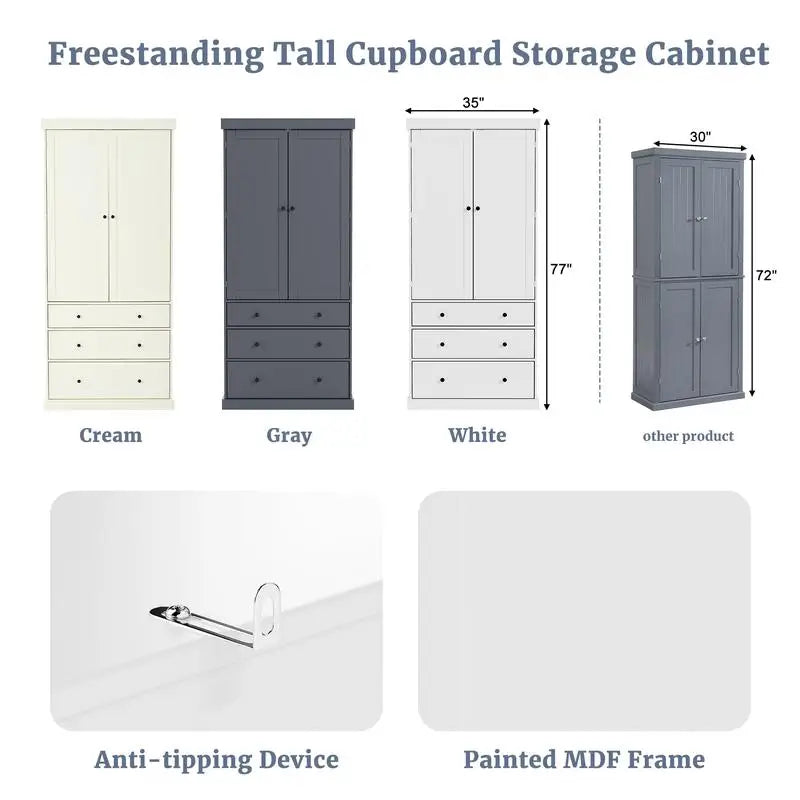 77in Farmhouse Kitchen Pantry Freestanding Storage Cabinet