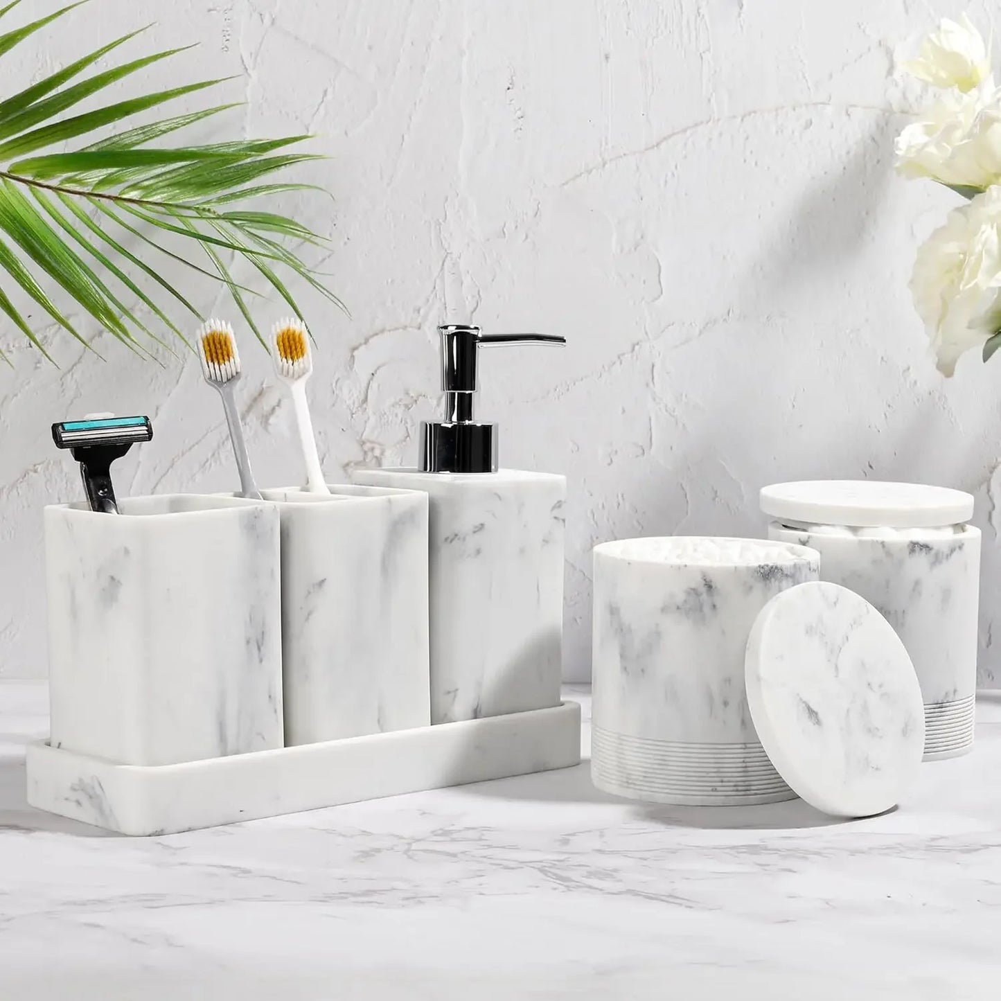 Elegant 6 Piece Bathroom Accessories Set with Soap Dispenser and Toothbrush Holders