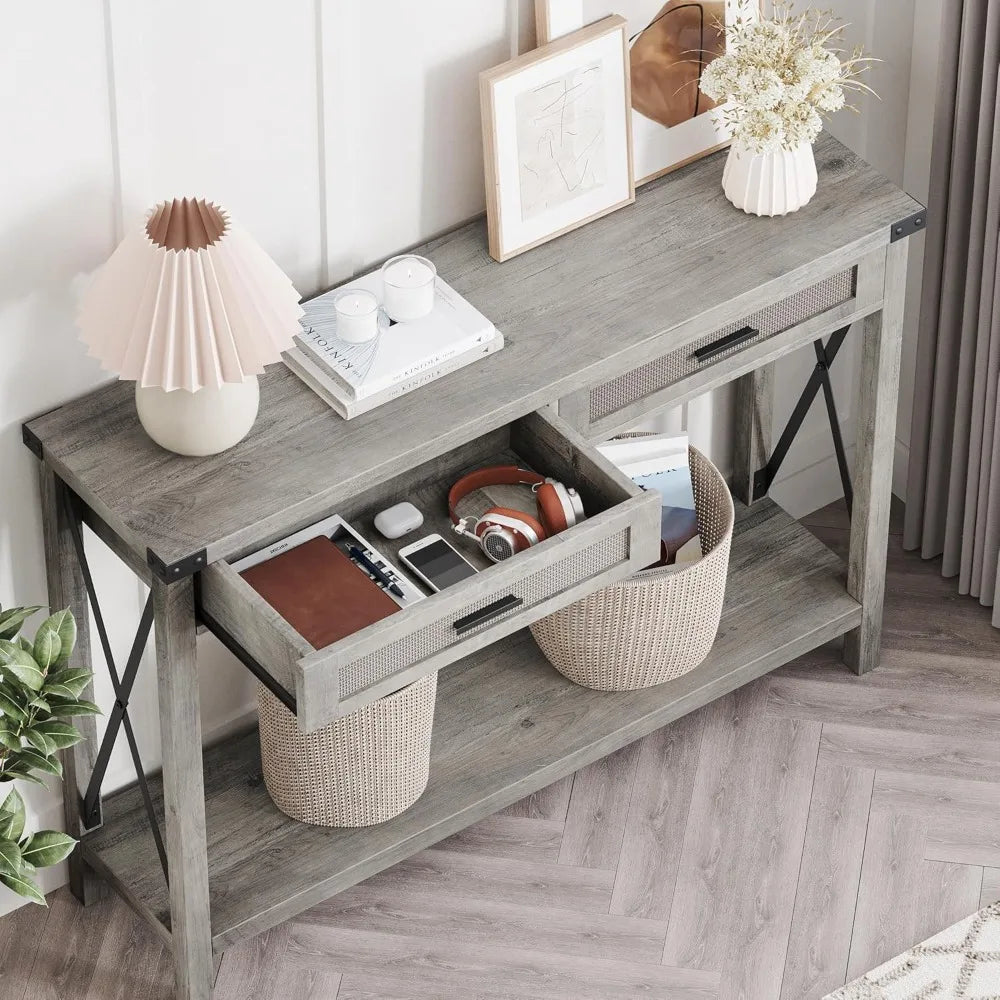 Farmhouse Entryway Console Table With Rattan Drawers 43 Inch