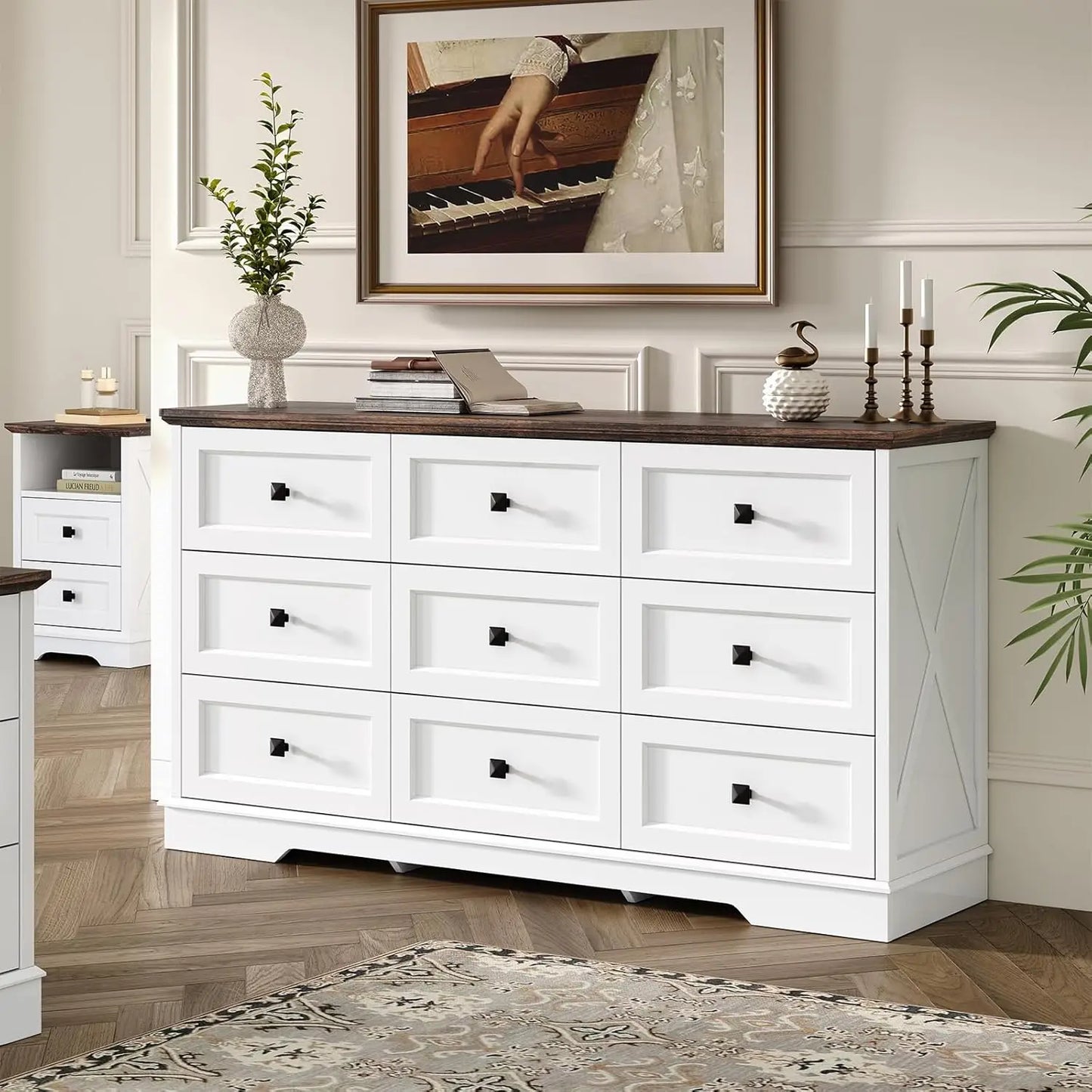 Farmhouse 9 Drawer Dresser 59 Inch Wide Bedroom Storage