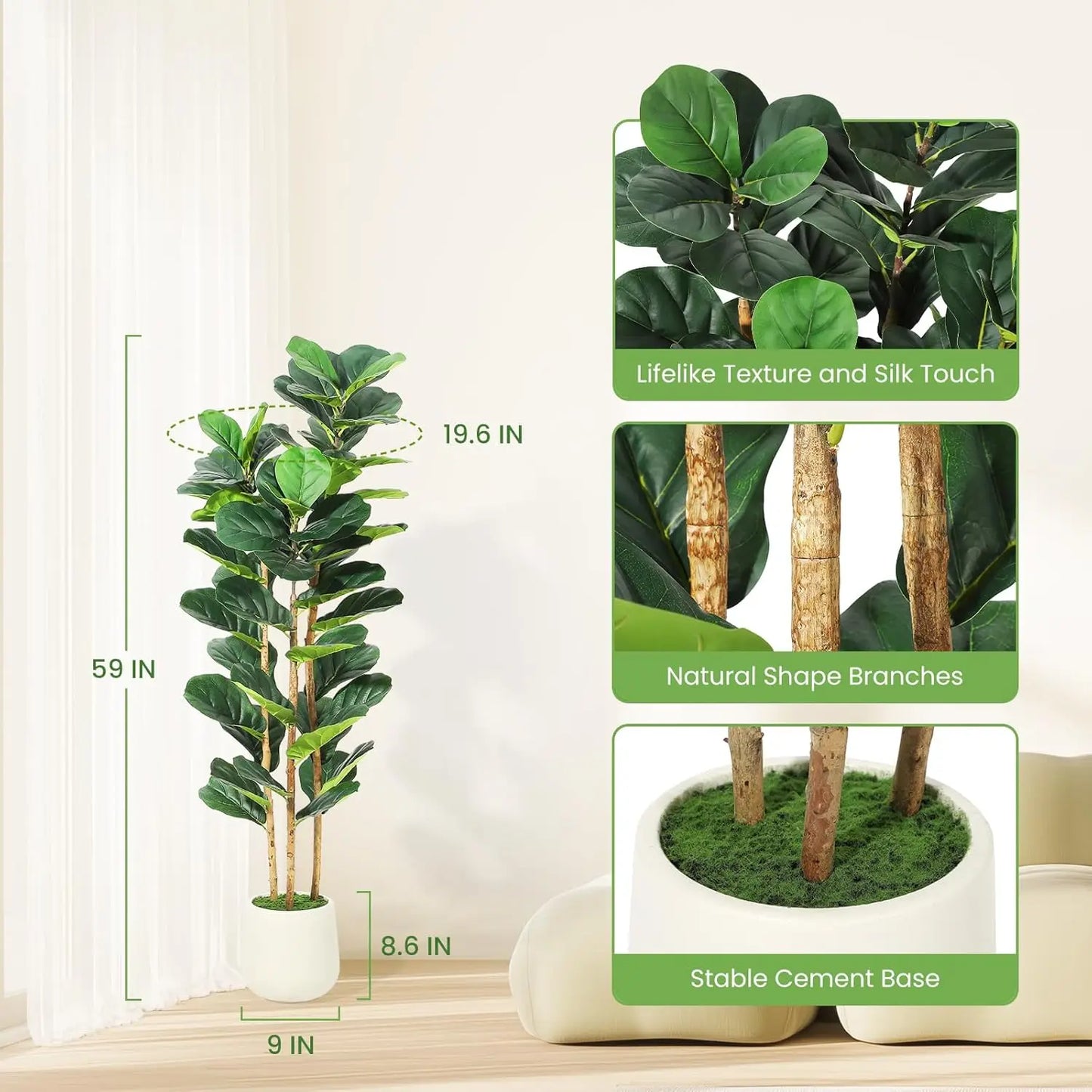 HiMISCN Fiddle Leaf Fig Tree With Pot Fake Greenery Home