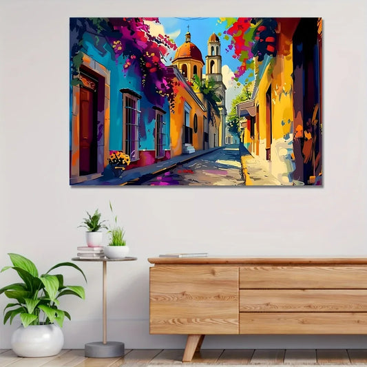 Pine Wood Frame Decorative Art Mexican Village Scene