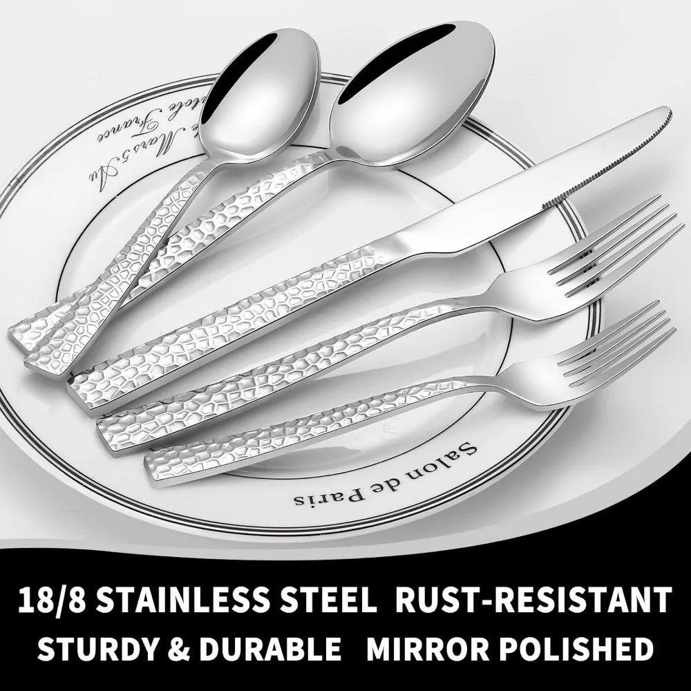 Hammered Silverware Set 20 Piece Stainless Steel Cutlery